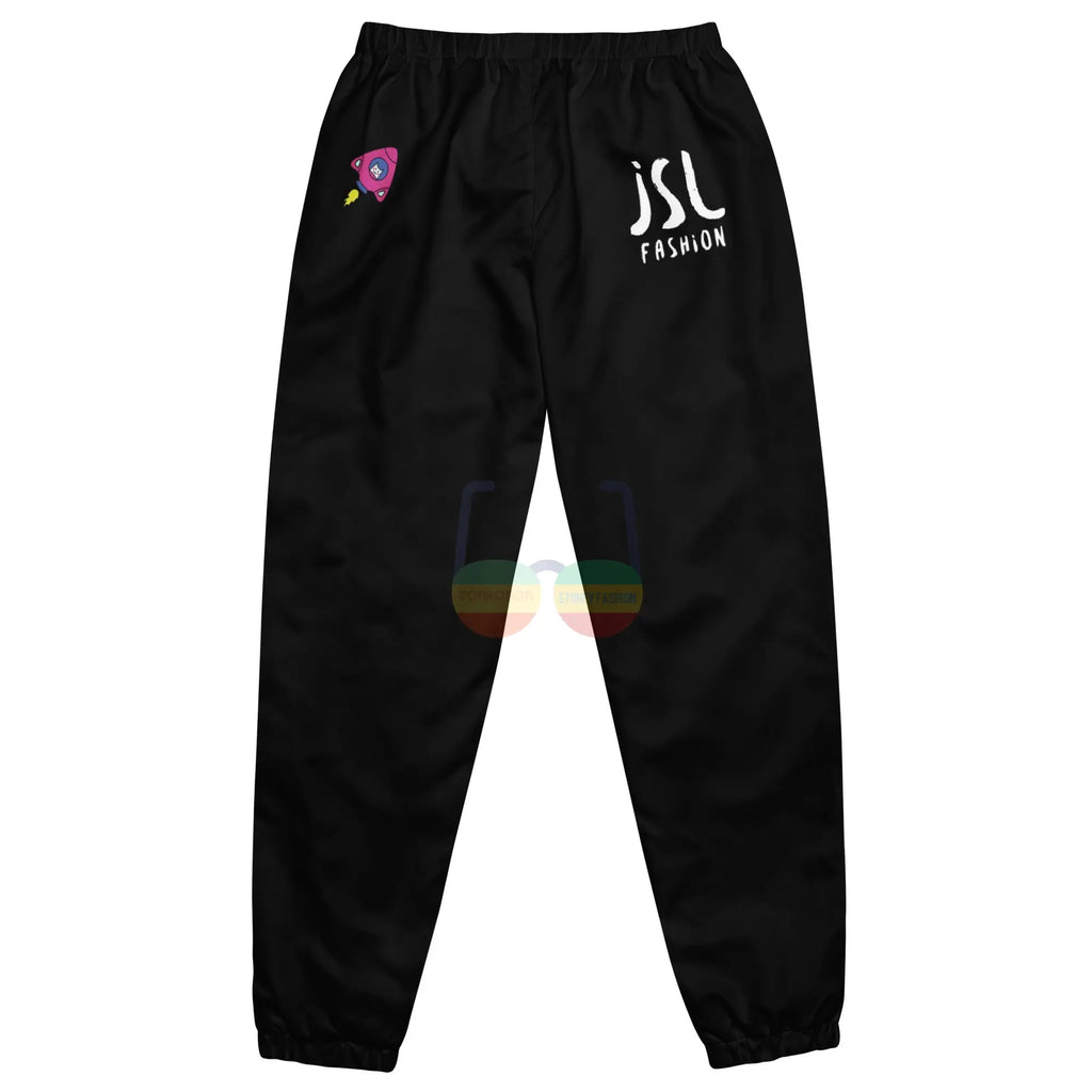Space Runner Unisex Track Pants – Zwart Waterafstotend Streetwear with JSL Fashion logo and rocket design.