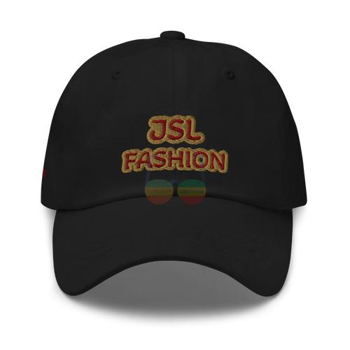 JSL FASHION MERCH -DAD HAT with embroidered logo on black chino cotton twill fabric, adjustable strap.